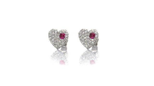 18k White Gold Hearts Earrings with Ruby Center in White Bright Diamonds for Her, F - Color, VS1 Clarity, 0.20ct., Handmade and Unique Gifts for Her, Dainty and Minimalists Earrings Jewelry for Women