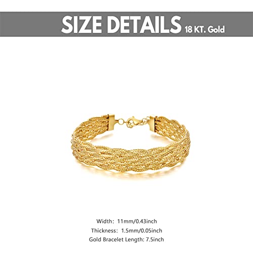 SISGEM 18k Yellow Gold Braided Bracelet for Women, 11mm Width Real Gold Italian Woven Link Bracelet Fine Jewelry Gift for Her, 7.5inch Adjustable Length