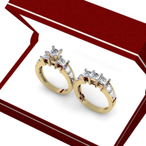 Dazzlingrock Collection 3.10 Carat (ctw) 10K Gold Princess & Round Diamond Bridal 3 Stone Engagement Ring Set 3 1/10 CT