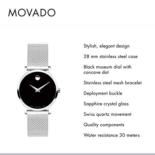 Movado Women s Museum Stainless Steel Watch with a Concave Dot Museum Dial, Black/Silver (607220)