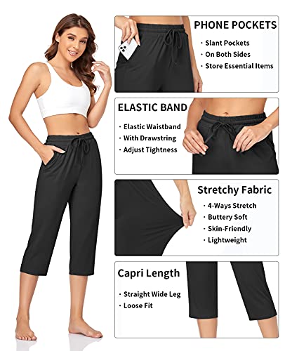 TARSE Women s Capri Yoga Pants Loose Soft Drawstring Workout Sweatpants Causal Lounge Pants with Pockets