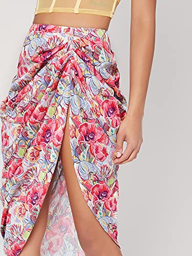 Floerns Women s Boho Floral Print Split Thigh Satin Ruched Midi Skirt