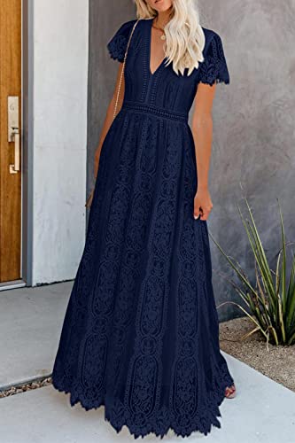 PRETTYGARDEN Women s Floral Lace Maxi Dress 2023 Short Sleeve V Neck Bridesmaid Wedding Evening Party Dresses