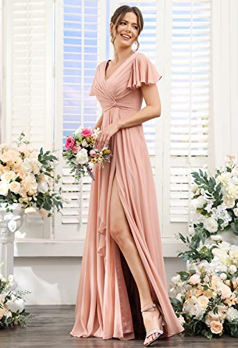 Women s V Neck Bridesmaid Dresses with Pockets Long Chiffon Pleated High Waist Formal Dress with Split CX206