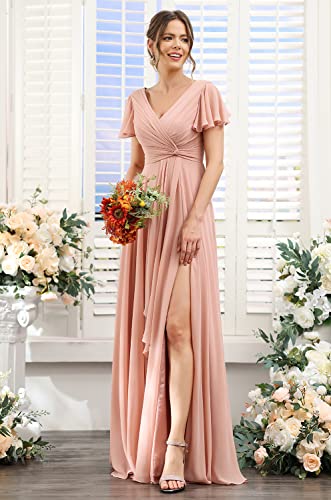 Women s V Neck Bridesmaid Dresses with Pockets Long Chiffon Pleated High Waist Formal Dress with Split CX206