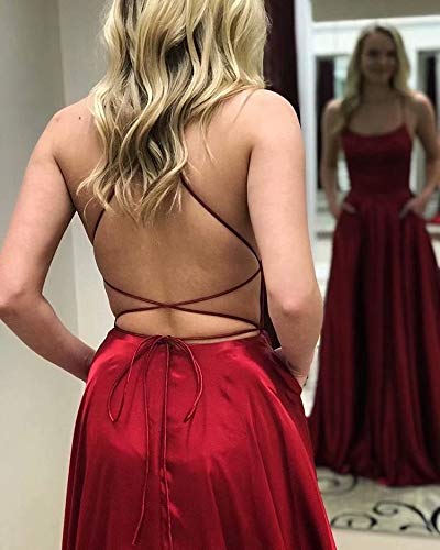 Women s Halter Prom Dresses Long Side Spilt Backless Satin Formal Evening Gowns with Pockets