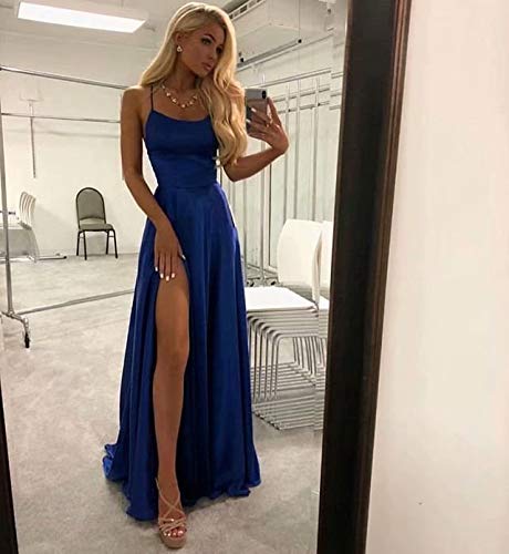 Women s Halter Prom Dresses Long Side Spilt Backless Satin Formal Evening Gowns with Pockets