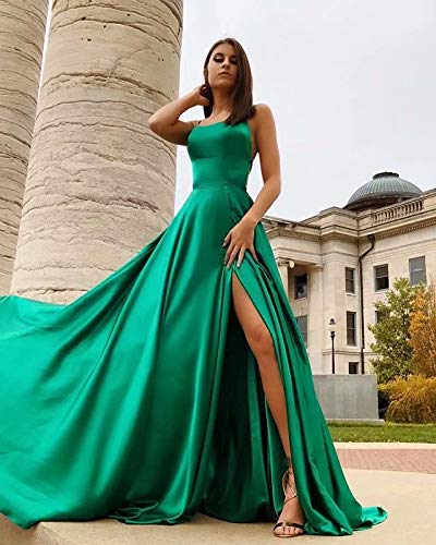 Women s Halter Prom Dresses Long Side Spilt Backless Satin Formal Evening Gowns with Pockets