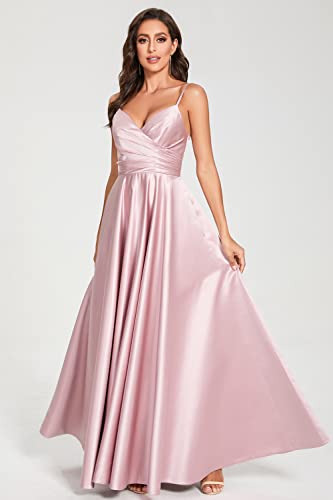 TIRAS Spaghetti V Neck Prom Dresses for Women Long Ball Gown Ruched Satin Evening Party Gown with Pockets CM139