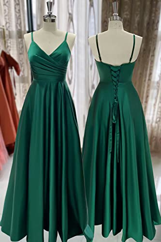 TIRAS Spaghetti V Neck Prom Dresses for Women Long Ball Gown Ruched Satin Evening Party Gown with Pockets CM139