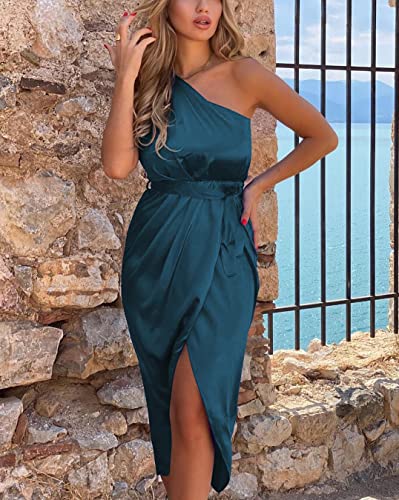 PRETTYGARDEN Women s 2023 Summer Ruched Bodycon Dress Sleeveless One Shoulder Wrap Satin Belted Cocktail Midi Dress