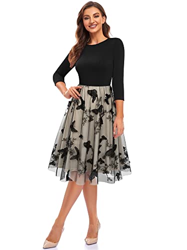 Niysciot Women s Casual 3/4 Sleeve Dress Vintage Floral Flared A-Line Swing Crew Neck Waist Knit Splice Mesh Party Dresses