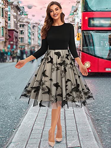 Niysciot Women s Casual 3/4 Sleeve Dress Vintage Floral Flared A-Line Swing Crew Neck Waist Knit Splice Mesh Party Dresses