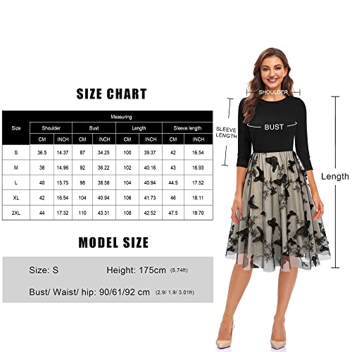 Niysciot Women s Casual 3/4 Sleeve Dress Vintage Floral Flared A-Line Swing Crew Neck Waist Knit Splice Mesh Party Dresses