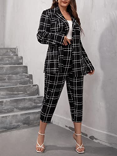 WDIRARA Women s Plus Size 2 Piece Outfit Plaid Button Front Blazer and Pants Set