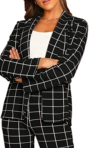 SheIn Women s Two Piece Plaid Open Front Long Sleeve Blazer and Elastic Waist Pant Set Suit