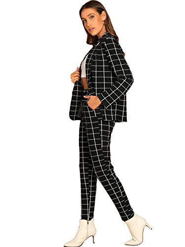 SheIn Women s Two Piece Plaid Open Front Long Sleeve Blazer and Elastic Waist Pant Set Suit