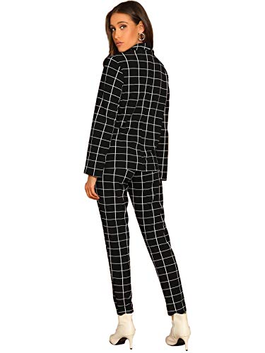 SheIn Women s Two Piece Plaid Open Front Long Sleeve Blazer and Elastic Waist Pant Set Suit