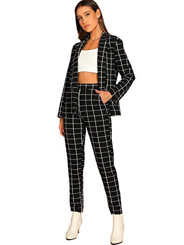 SheIn Women s Two Piece Plaid Open Front Long Sleeve Blazer and Elastic Waist Pant Set Suit