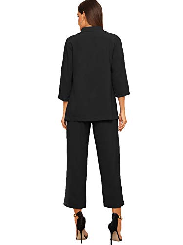 SheIn Women s 2 Piece Outfit Notched Neck 3/4 Sleeve Blazer and Wide Leg Belted Pants Set