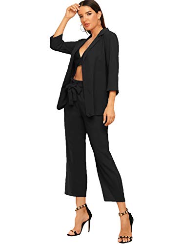 SheIn Women s 2 Piece Outfit Notched Neck 3/4 Sleeve Blazer and Wide Leg Belted Pants Set