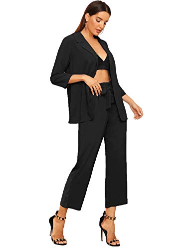 SheIn Women s 2 Piece Outfit Notched Neck 3/4 Sleeve Blazer and Wide Leg Belted Pants Set