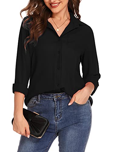 Hotouch Women Button Down Shirts with Pockets Long Sleeve Office Blouses Casual Business Tops Slim Fit Chiffon Shirts S-XXL