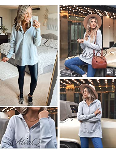 AlvaQ Women Casual Button V Neck Hoodies Oversized Pullover Sweatshirt Hooded Tops with Pockets