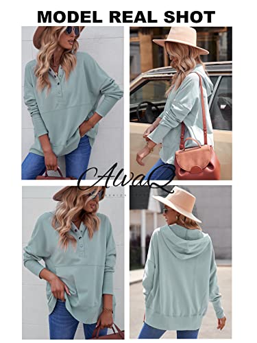 AlvaQ Women Casual Button V Neck Hoodies Oversized Pullover Sweatshirt Hooded Tops with Pockets