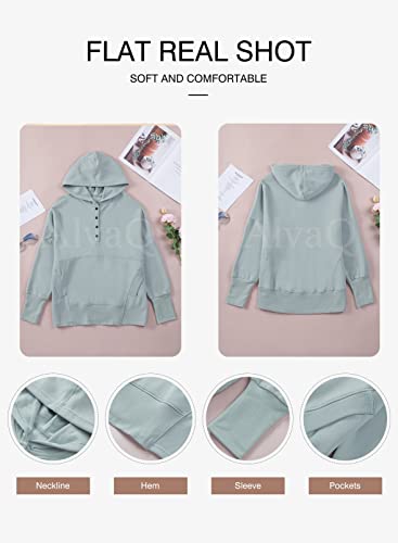 AlvaQ Women Casual Button V Neck Hoodies Oversized Pullover Sweatshirt Hooded Tops with Pockets