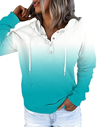 ETCYY Women s Color Block Hoodies Tops Long Sleeve Casual Drawstring Button Down Pullover Sweatshirt with Pocket