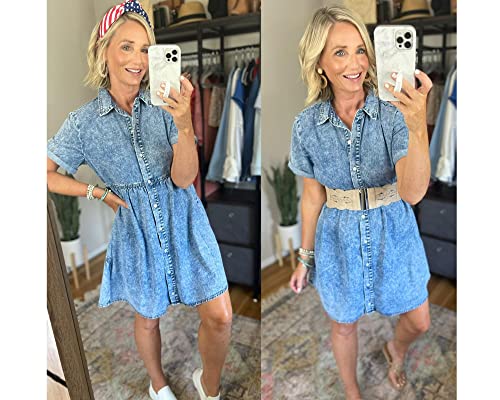 luvamia Women s Casual Short Sleeve Button Down Tiered Denim Babydoll Jean Dress