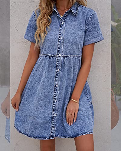 luvamia Women s Casual Short Sleeve Button Down Tiered Denim Babydoll Jean Dress