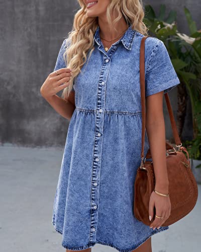 luvamia Women s Casual Short Sleeve Button Down Tiered Denim Babydoll Jean Dress