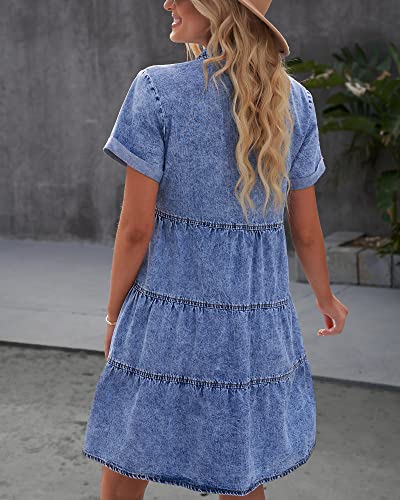 luvamia Women s Casual Short Sleeve Button Down Tiered Denim Babydoll Jean Dress