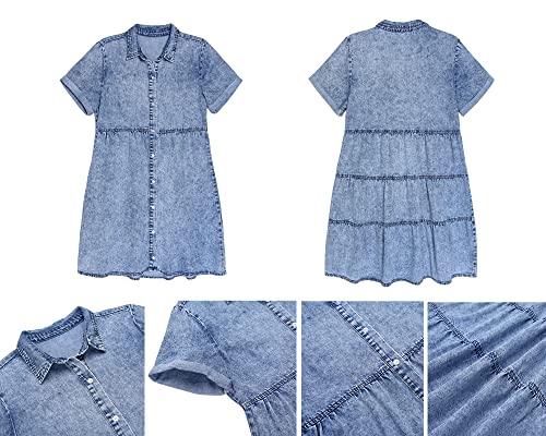 luvamia Women s Casual Short Sleeve Button Down Tiered Denim Babydoll Jean Dress