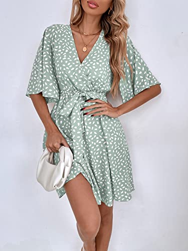 Romwe Women s Short Sleeve V Neck All Over Print High Waist A Line Summer Short Dress