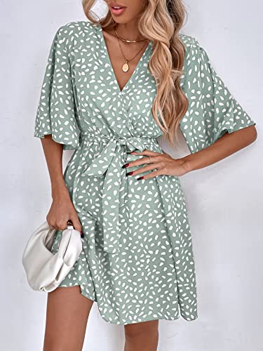 Romwe Women s Short Sleeve V Neck All Over Print High Waist A Line Summer Short Dress