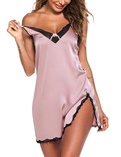 Ekouaer Sexy Nightgown for Women Lace Chemise V Neck Sleepwear Satin Slip Silk Nightie Bridal Babydoll Lingerie