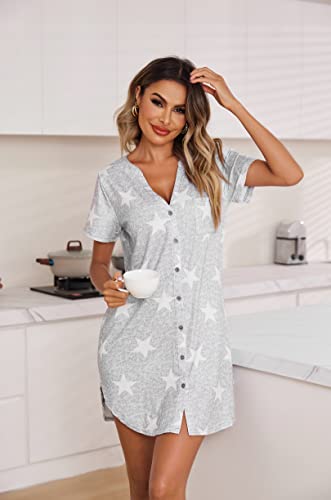 Ekouaer Women‘s Nightgown Sexy Button Down Sleep Dress Short Sleeve Night Shirt V Neck Sleepwear