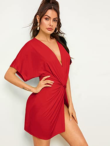 Floerns Women s Deep V Neck Twisted Plunging High Slit Mini Party Dress