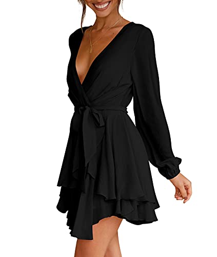 Cosonsen Women s Dress Deep V-Neck Long Sleeve Waist Tie Ruffle Mini Swing Skater Dresses