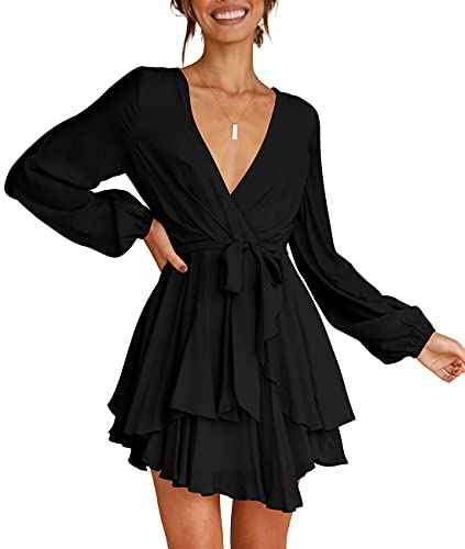 Cosonsen Women s Dress Deep V-Neck Long Sleeve Waist Tie Ruffle Mini Swing Skater Dresses