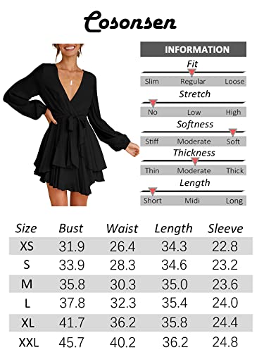 Cosonsen Women s Dress Deep V-Neck Long Sleeve Waist Tie Ruffle Mini Swing Skater Dresses