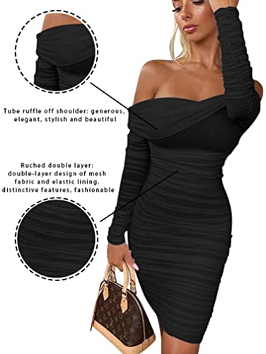 GOKATOSAU Women s Sexy Elegant Ruffle Long Sleeve Off Shoulder Ruched Party Mini Dress