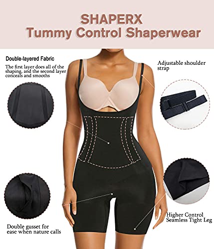 SHAPERX Tummy Control Shapewear for Women Seamless Fajas Bodysuit Open Bust Mid Thigh Body Shaper Shorts