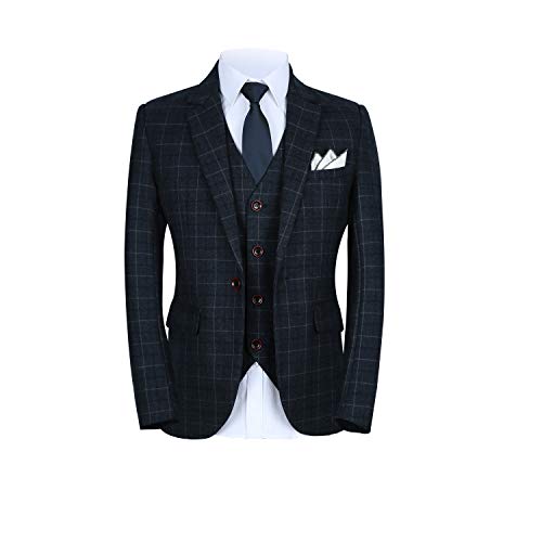 MOGU Mens 3 Piece Slim Fit Plaid Suit Blazer+Vest+Pants