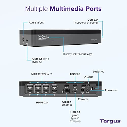 Targus USB C Universal Docking Station with Quad 4K(QV4K), Docking Station Single 5K/Quad 4K UHD Display,USB C Laptop Docking Station with 4 DisplayPort or 4 HDMI Ports/100W Power Delivery(DOCK570USZ)