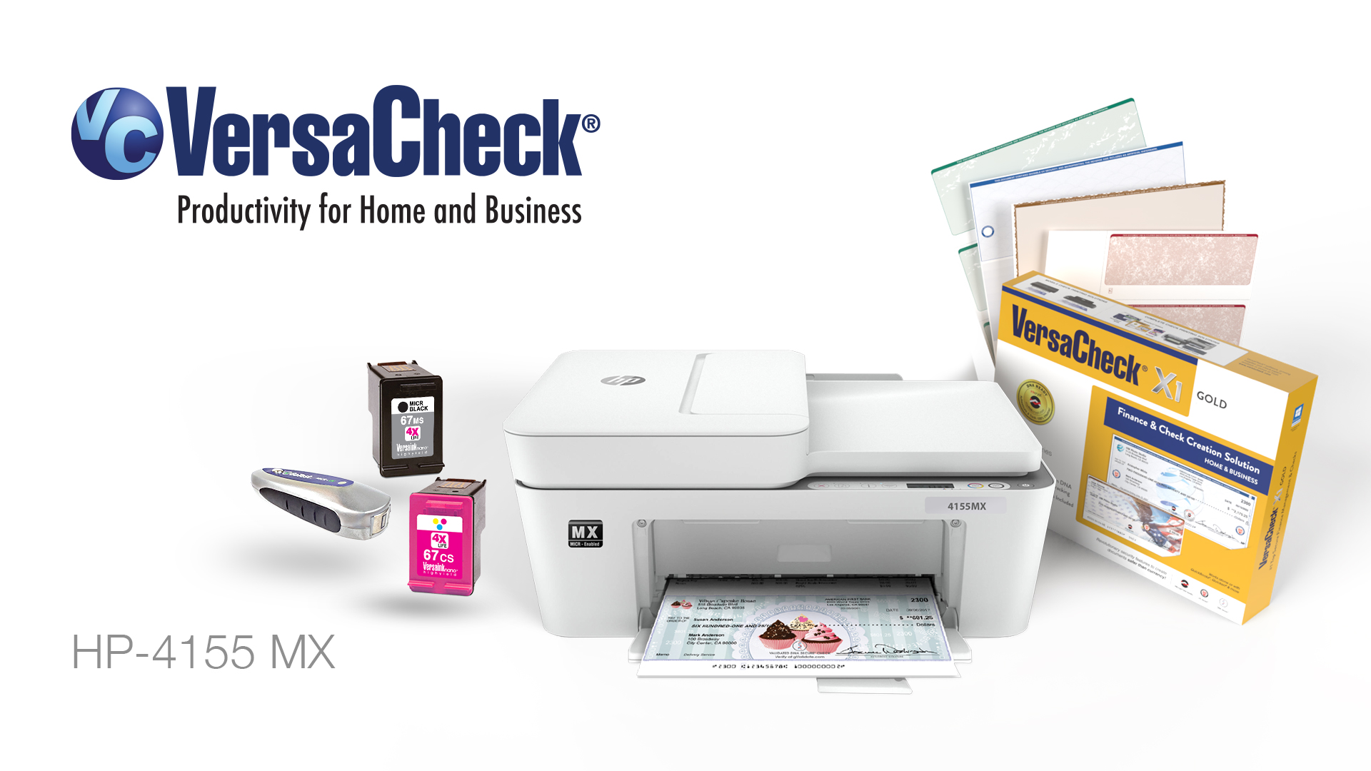 VersaCheck HP DeskJet 4155 MXE MICR All-in-One Printer X1 Gold Printing Software Bundle, White