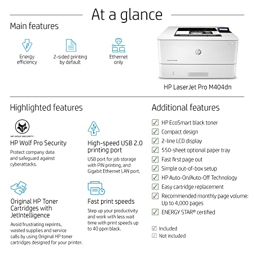 HP Laserjet Pro M404dn Single-Function Wired Monochrome Laser Printer, White - Print only - Ethernet only, 40 ppm, 1200 x 1200 dpi, Auto Duplex Printing, 8.5 x 14, 2-line LCD, Tillsiy Printer Cable